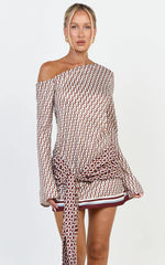Geo Print Off Shoulder Tie Front Dress in Geo Border Print