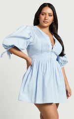 Puff Sleeve Poplin Dress in Icy Blue