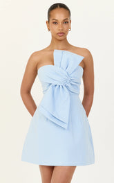Linen Strapless Front Bow Dress in Pale Blue