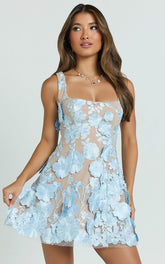 3D Floral Fit And Flare Dress in Blue