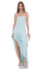 Strapless Ruffle Asymmetrical Maxi Dress in Mint