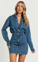 Long Sleeve Button Through Denim Dress in Dark Blue Wash