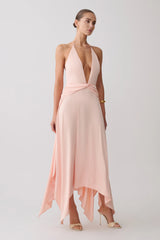 Cyra Plunge Satin Midi Dress - Peach