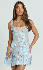 3D Floral Fit And Flare Dress in Blue