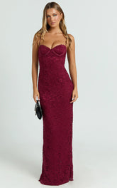 Adjustable Strap Corset Bodycon Lace Dress in Wine