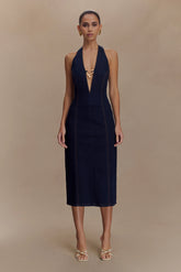 Shauna Denim Halter Midi Dress - Indigo Blue