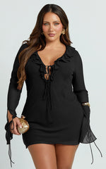 Ruffle Plunge Neck Long Sleeve Tie Detail Dress in Black