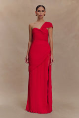 Tamara Shirred Chiffon Midi Dress - Red