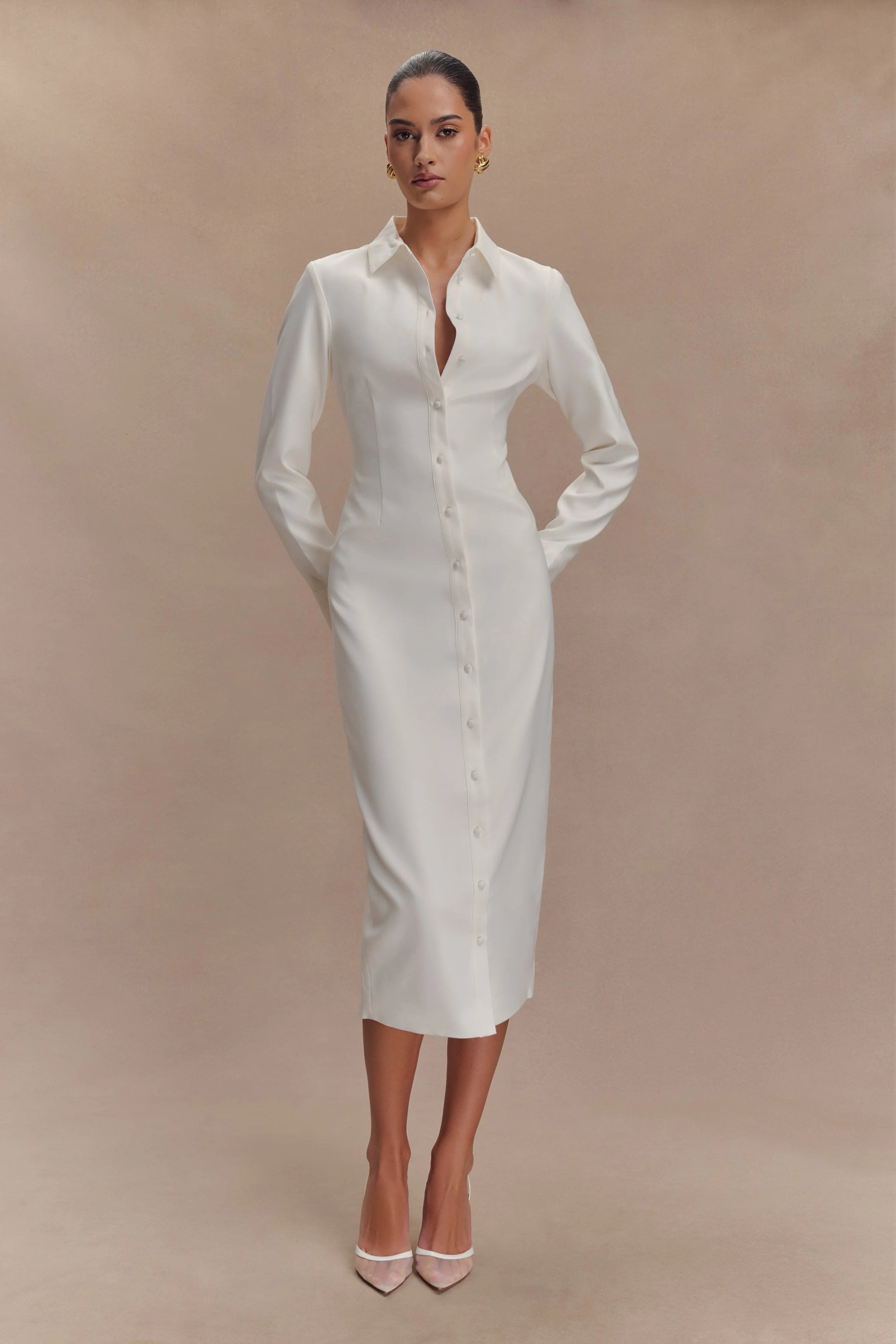Dorian Fitted Shirt Midi Dress - White