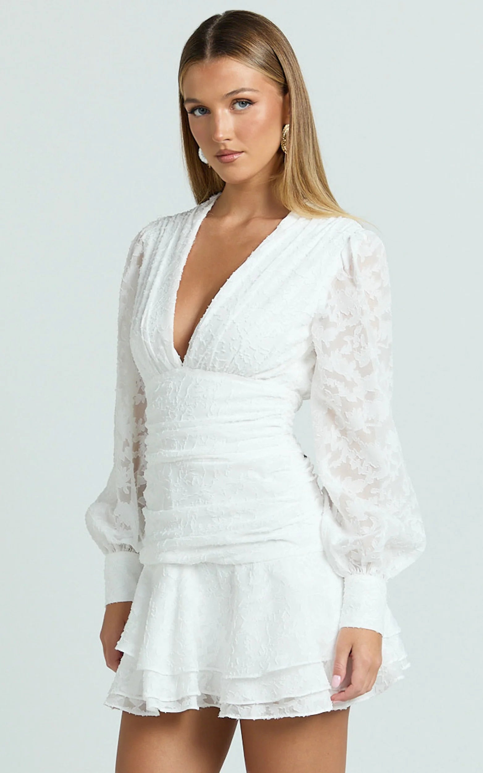 Embroidery Long Sleeve Dress in White