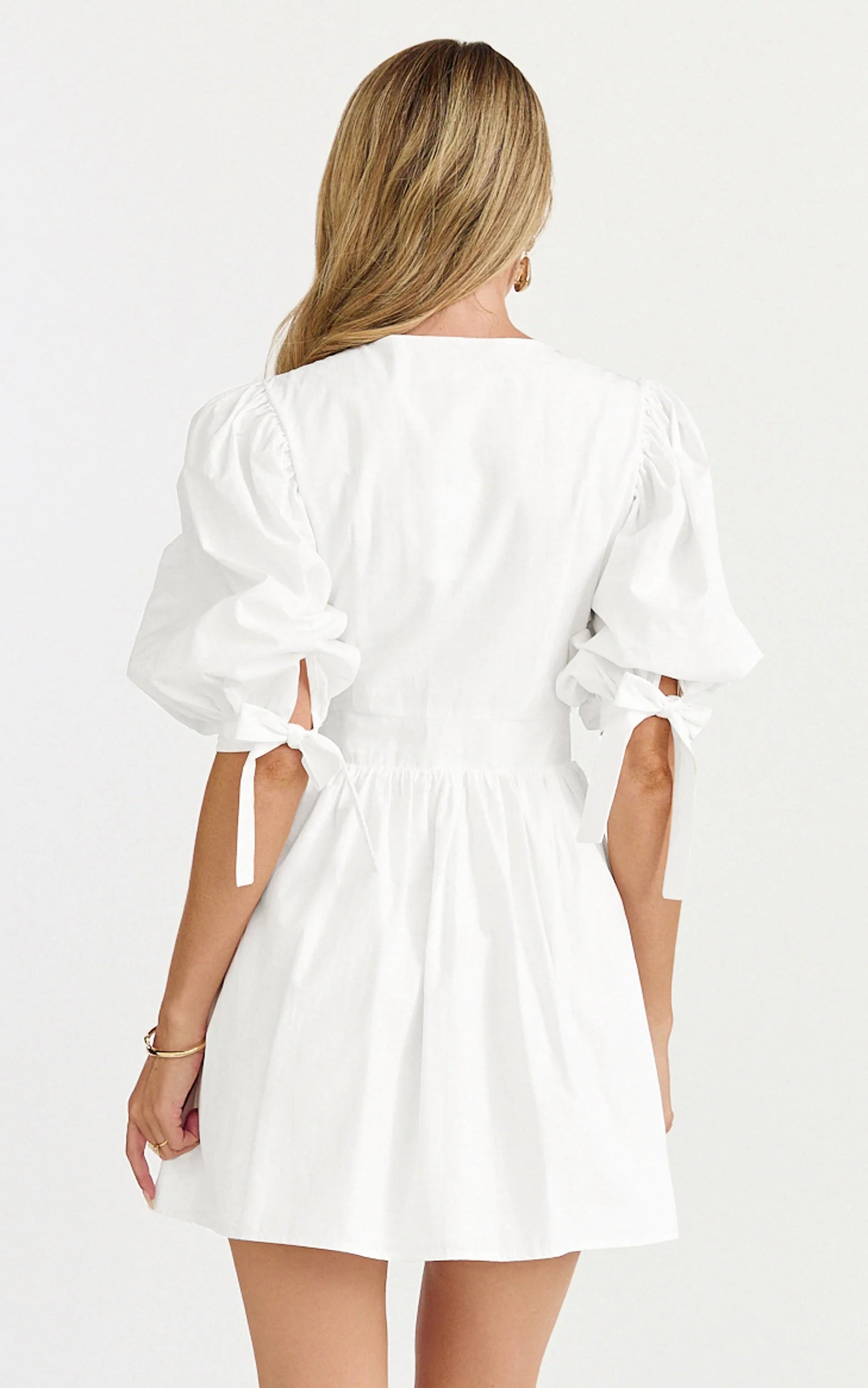 Puff Sleeve Poplin Dress in White