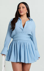 Collared Long Sleeve Waist Shirt Dress in Pale Blue
