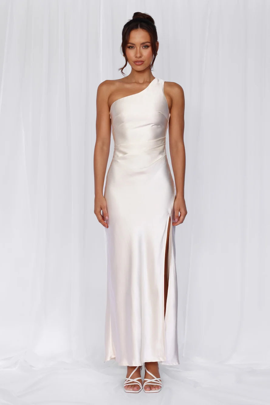The Aurora One Shoulder Satin Maxi Dress Pearl