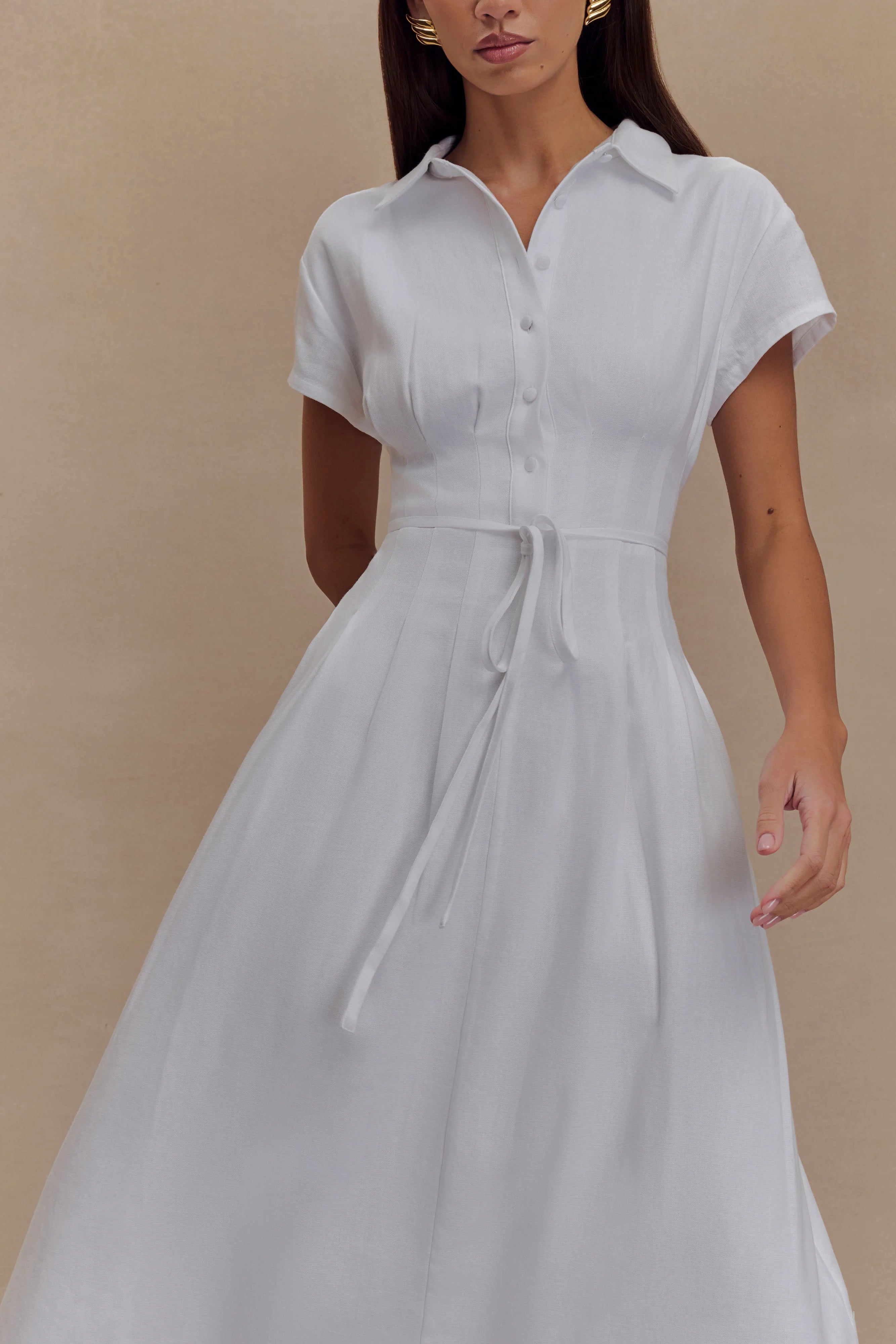 Aysha Buttoned Linen Midi Dress - White