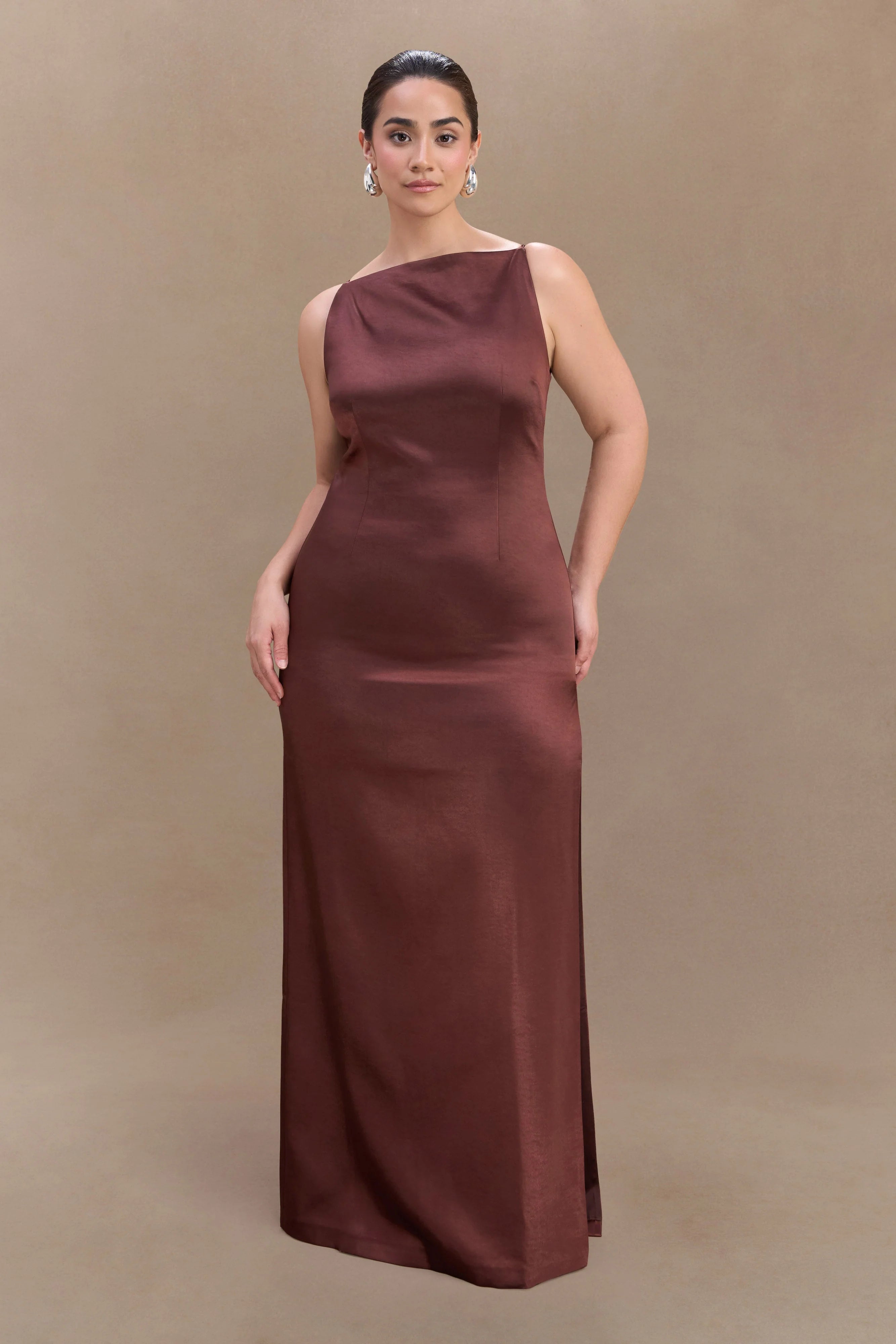 Violet Sleeveless Satin Maxi Dress - Dark Chocolate