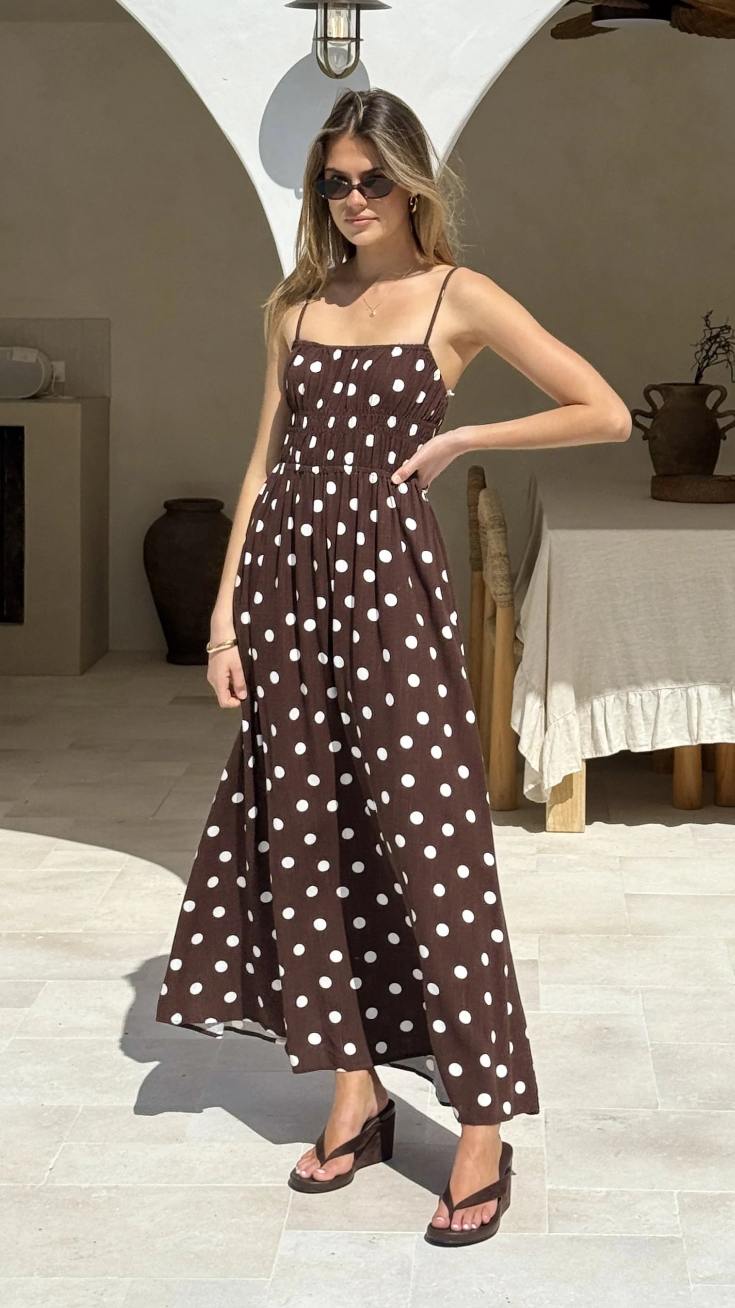 Solare Maxi Dress - Brown/White Polka