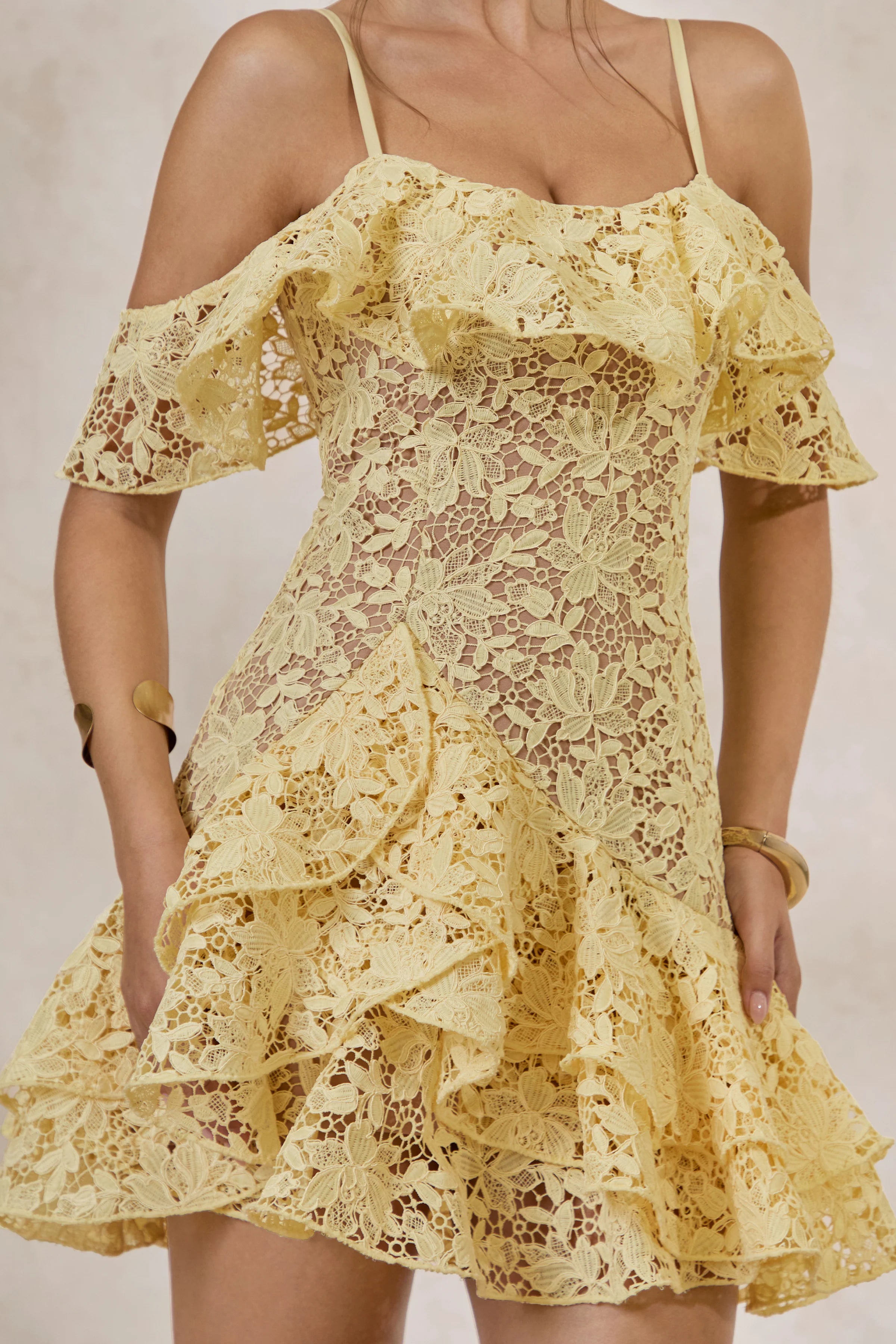 Lyris | Lemon Lace Scoop-Neck Mini Dress With Ruffled Detailing