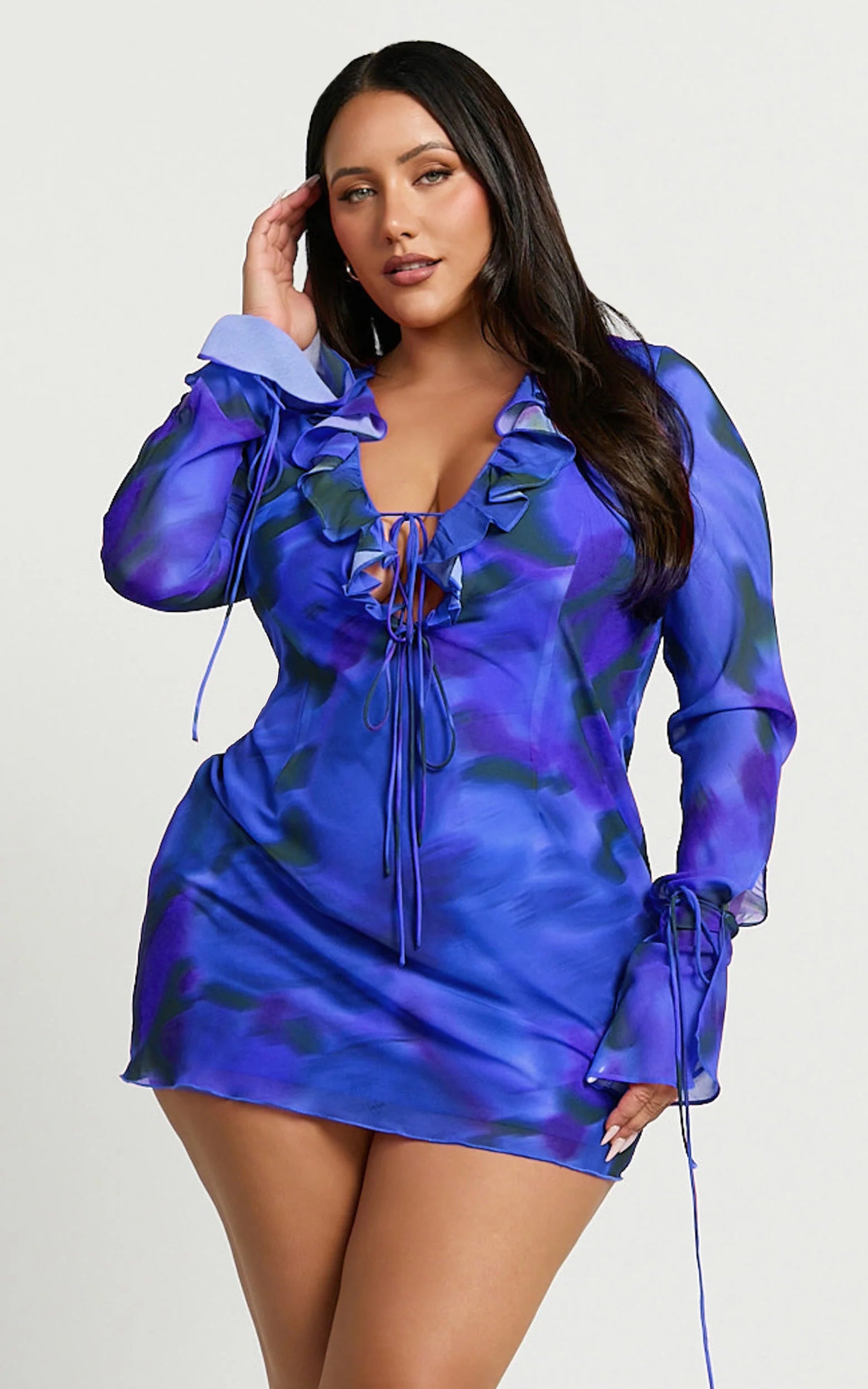 Ruffle Plunge Neck Long Sleeve Tie Detail Dress in Blue Abstract