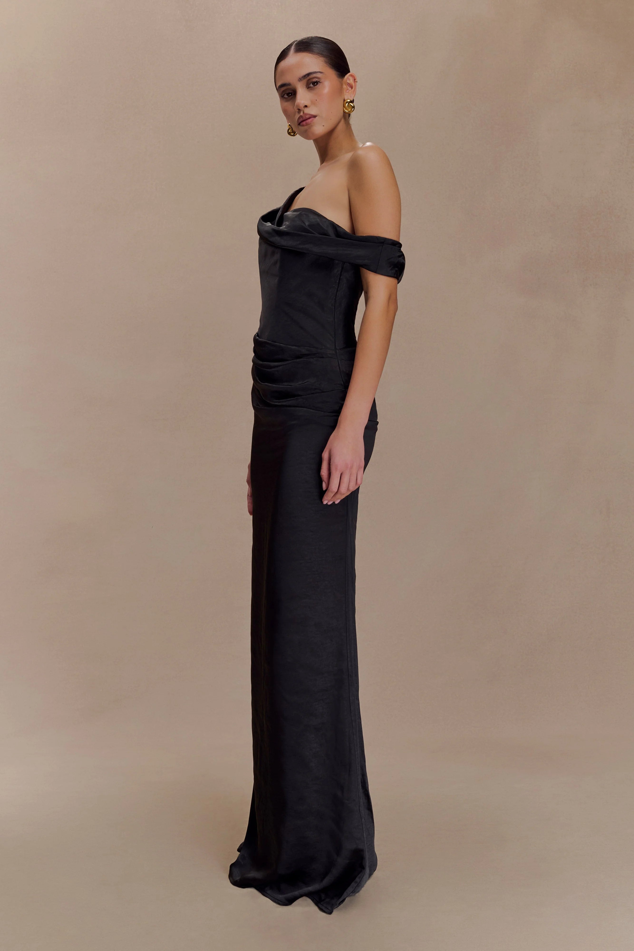Dalia Off Shoulder Satin Maxi Dress - Black
