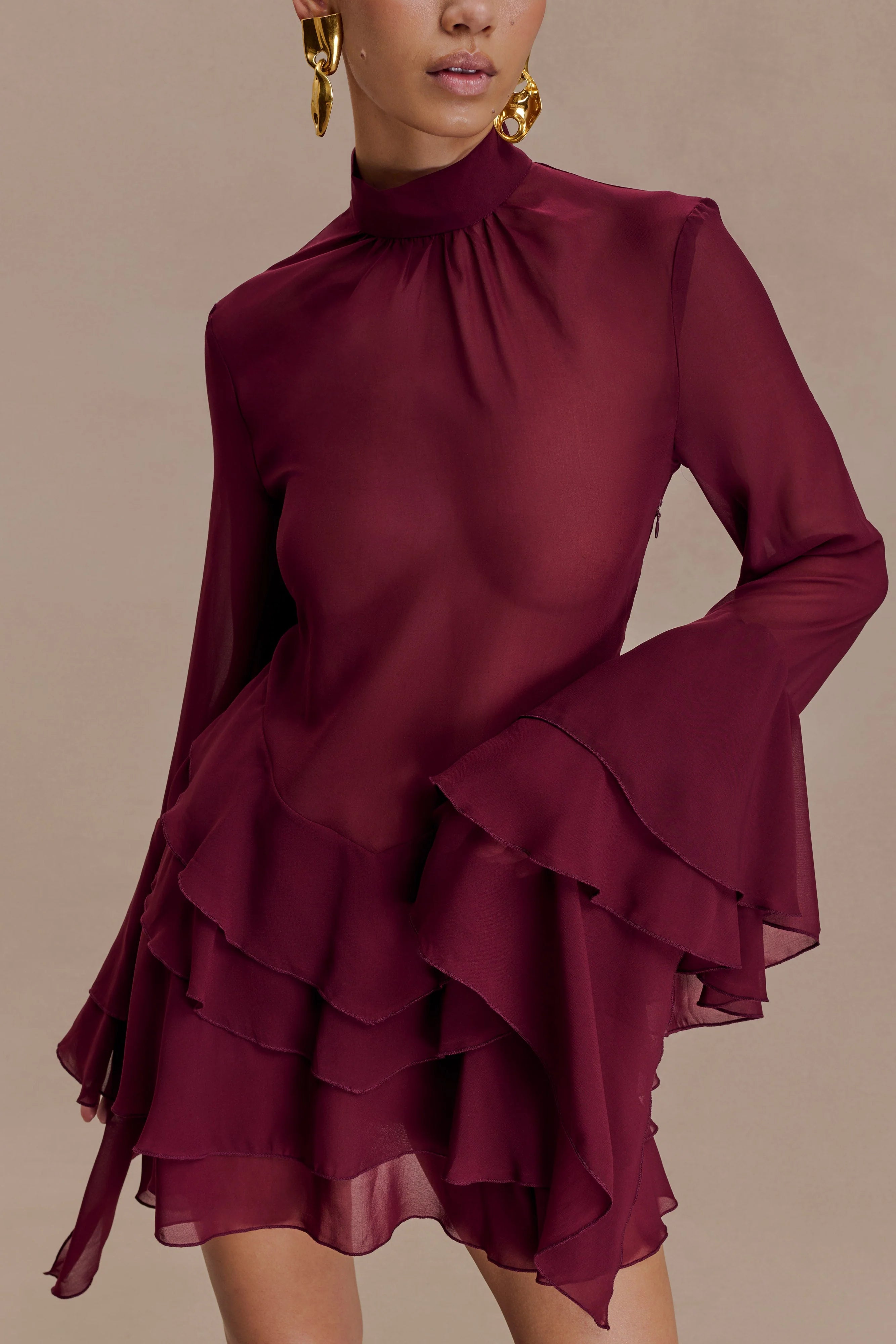 Nimah Chiffon Ruffle Mini Dress - Wine
