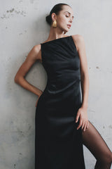 Violet Sleeveless Satin Maxi Dress - Black