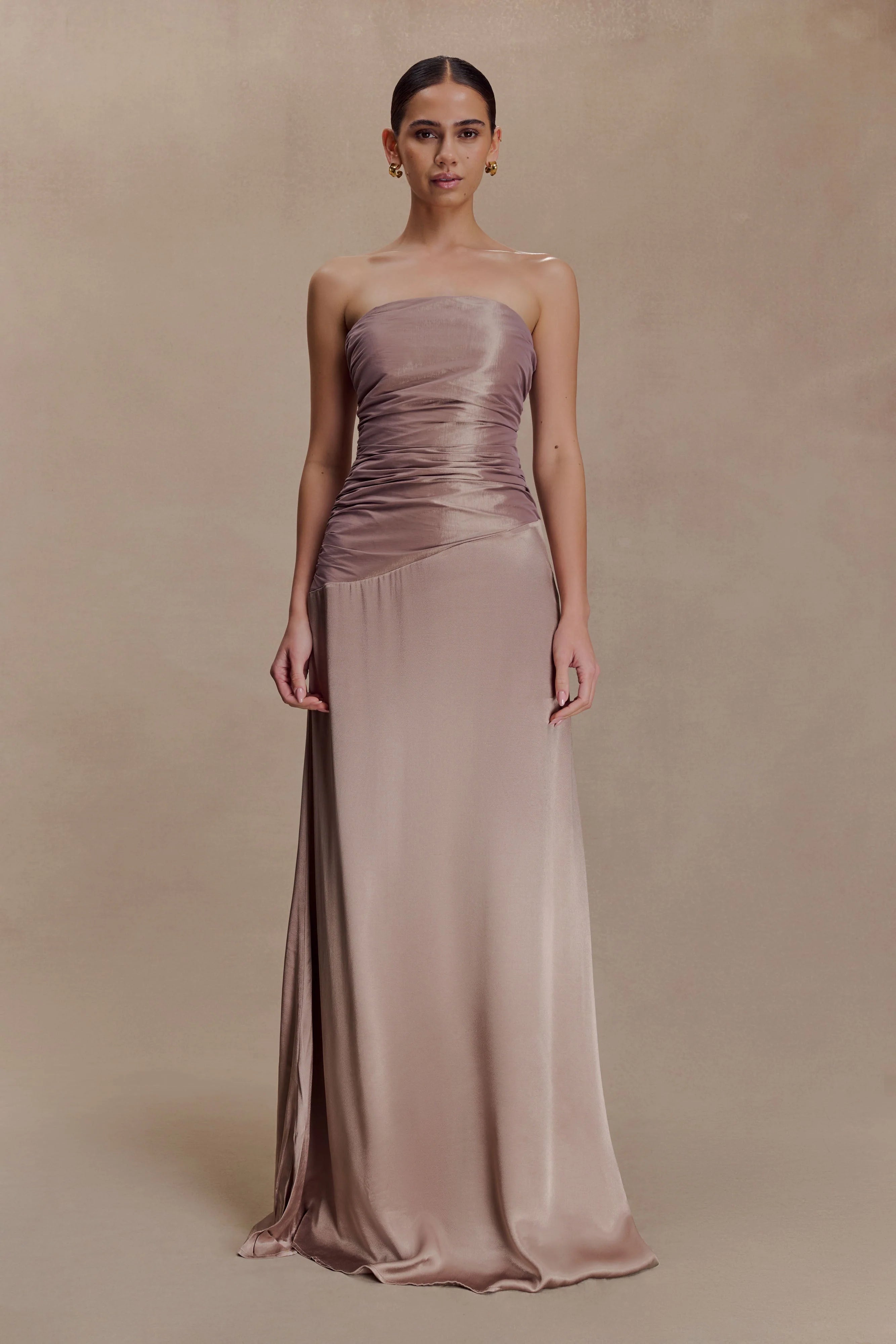 Serena Strapless Taffeta Maxi Dress - Bronze Taupe