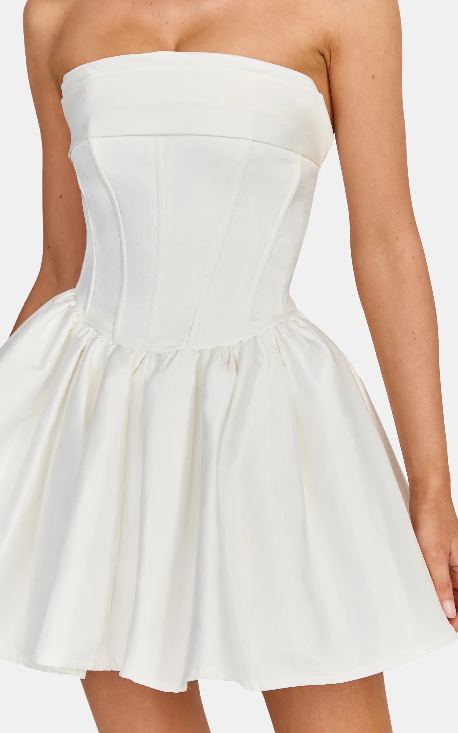 Ruched Bust Fit And Flare Strapless Corset Bodice Dress With Lace Up Back in White