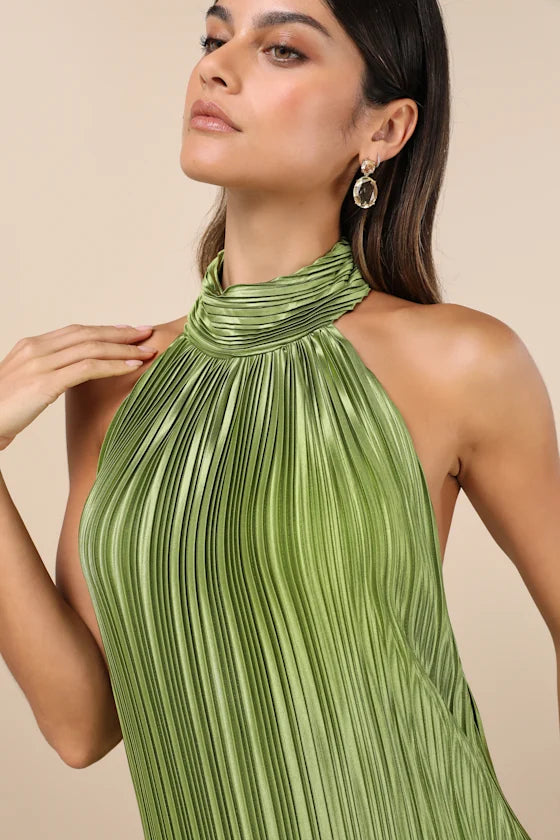 Gwenny Lime Green Satin Plisse Maxi Dress