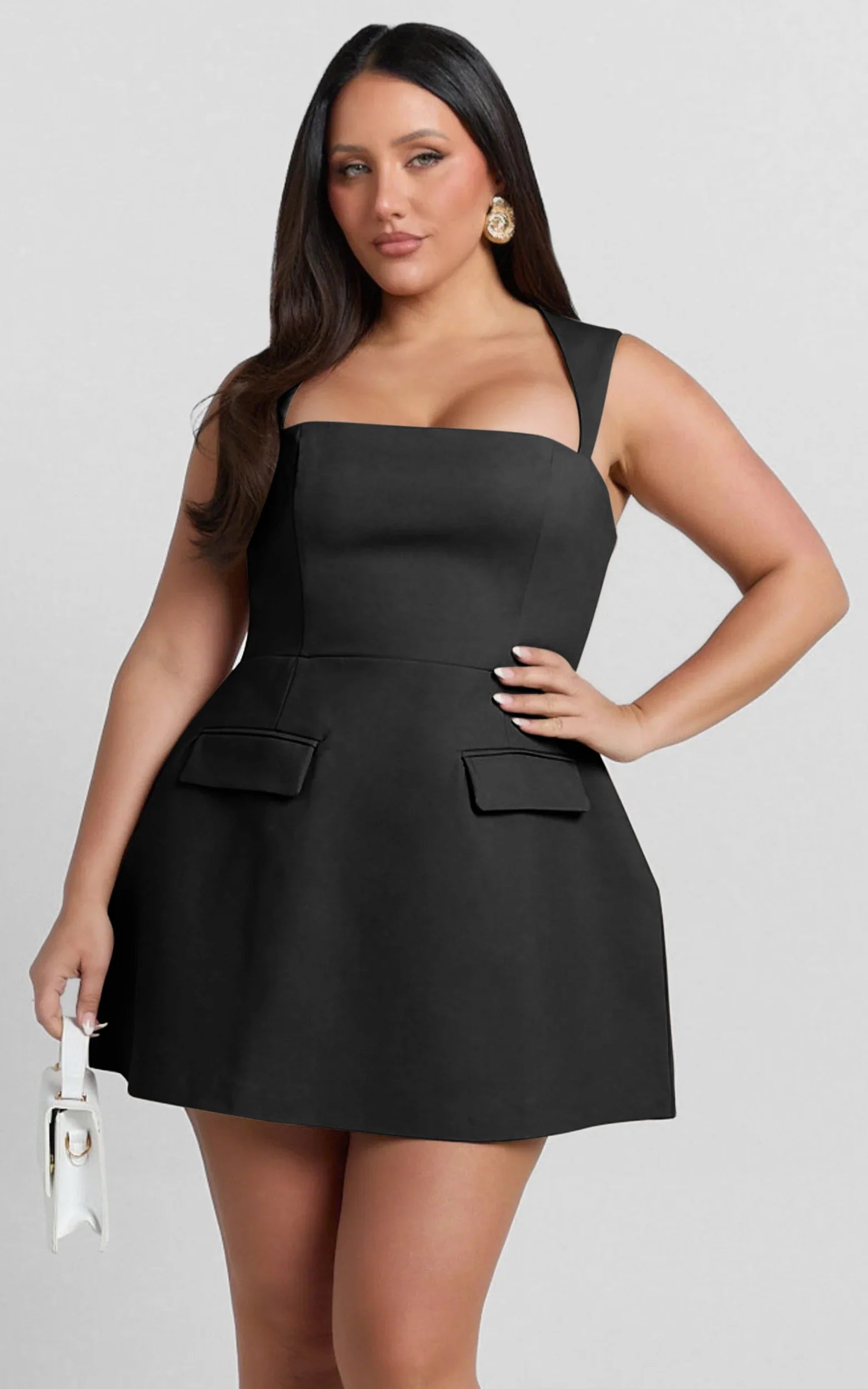 Square Neck Fit And Flare Dress in Black