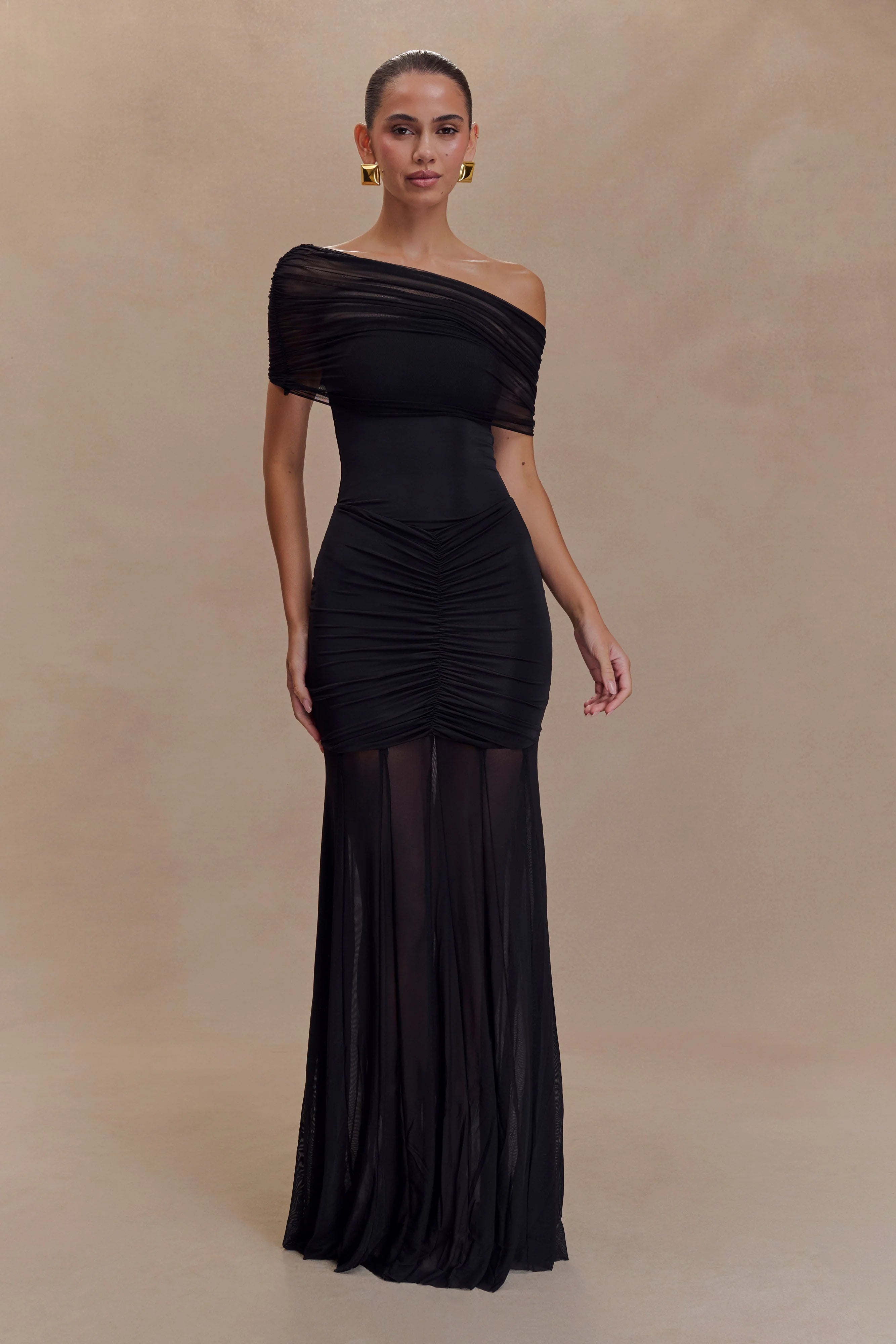 Caspian Slinky And Mesh Off Shoulder Maxi Dress - Black