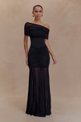 Caspian Slinky And Mesh Off Shoulder Maxi Dress - Black