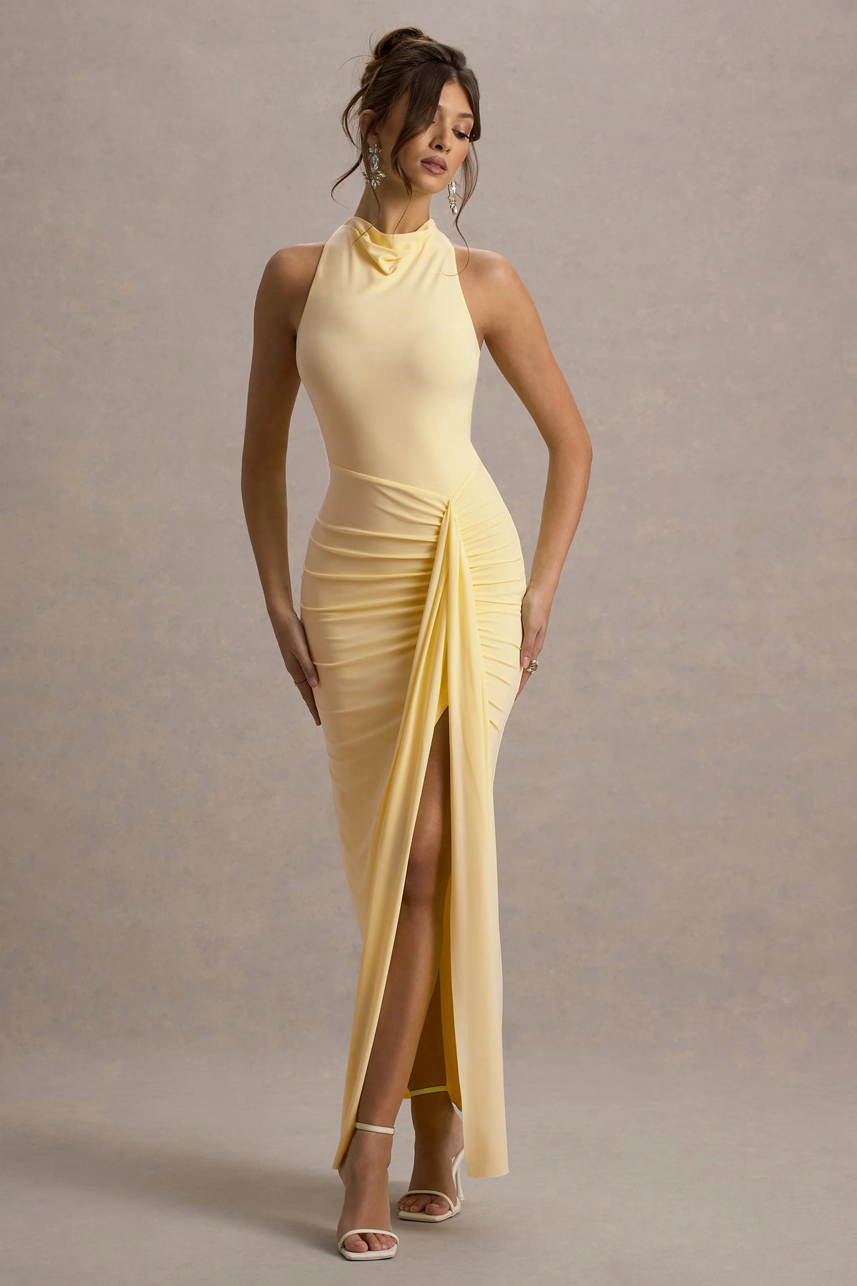 Sunflower | Pale Lemon Ruched High-Neck Split Maxi Dress