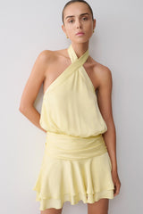 Poppy Satin Halter Mini Dress - Lemon