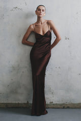 Lilly Sweetheart Satin Maxi Dress - Dark Chocolate