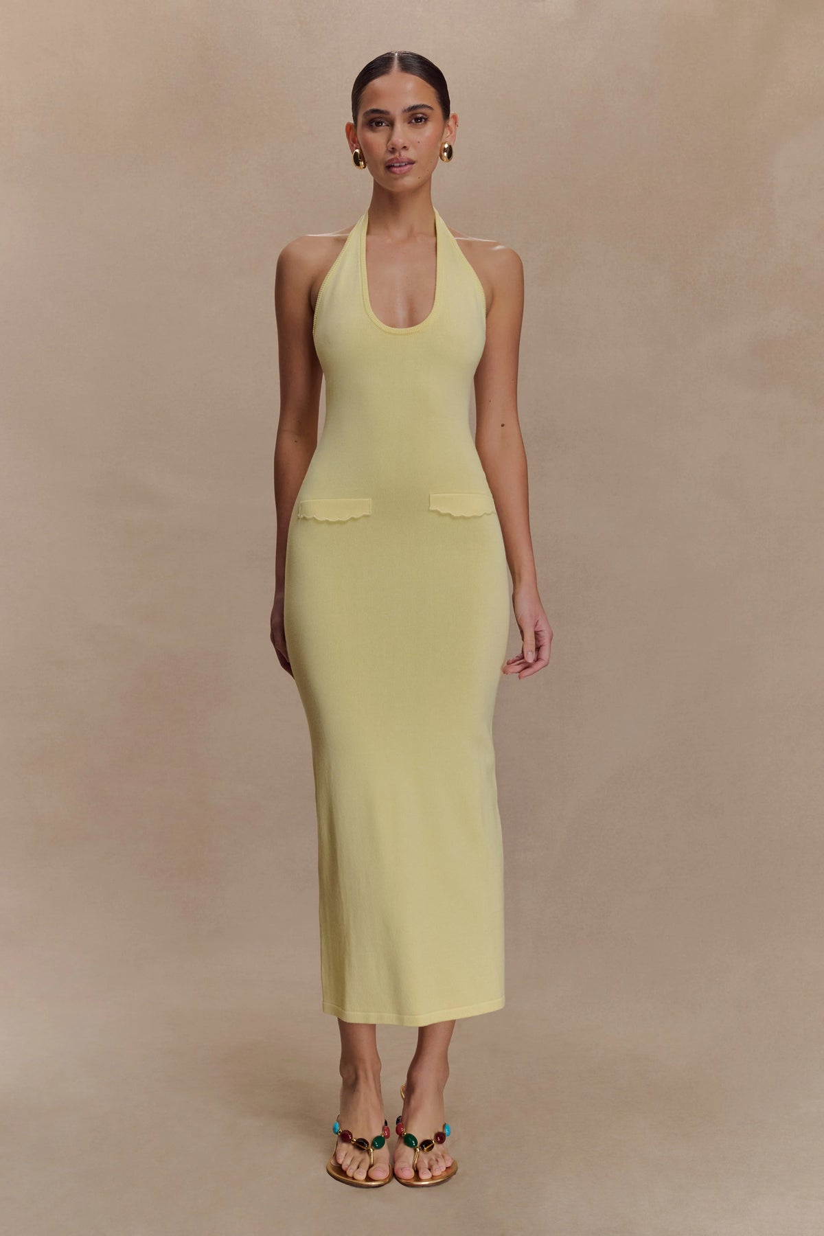Ovina Halter Neck Knit Midi Dress - Lemon