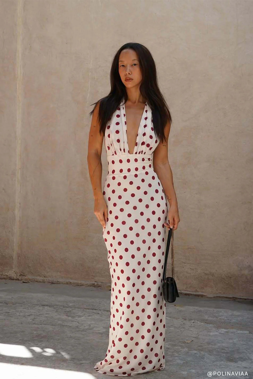 Nadine Halter Chiffon Maxi Dress - Ivory/Merlot Polka Dot