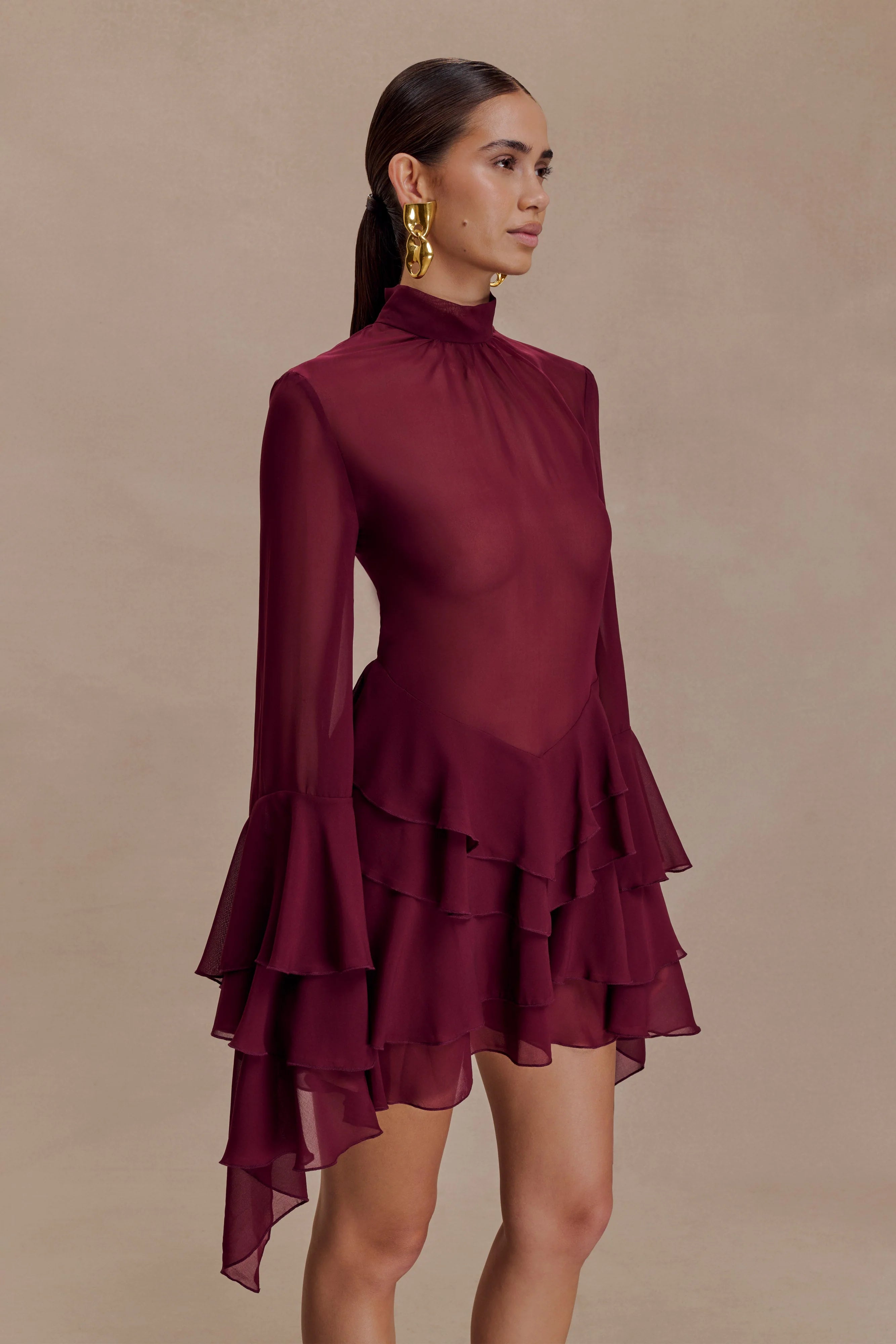 Nimah Chiffon Ruffle Mini Dress - Wine