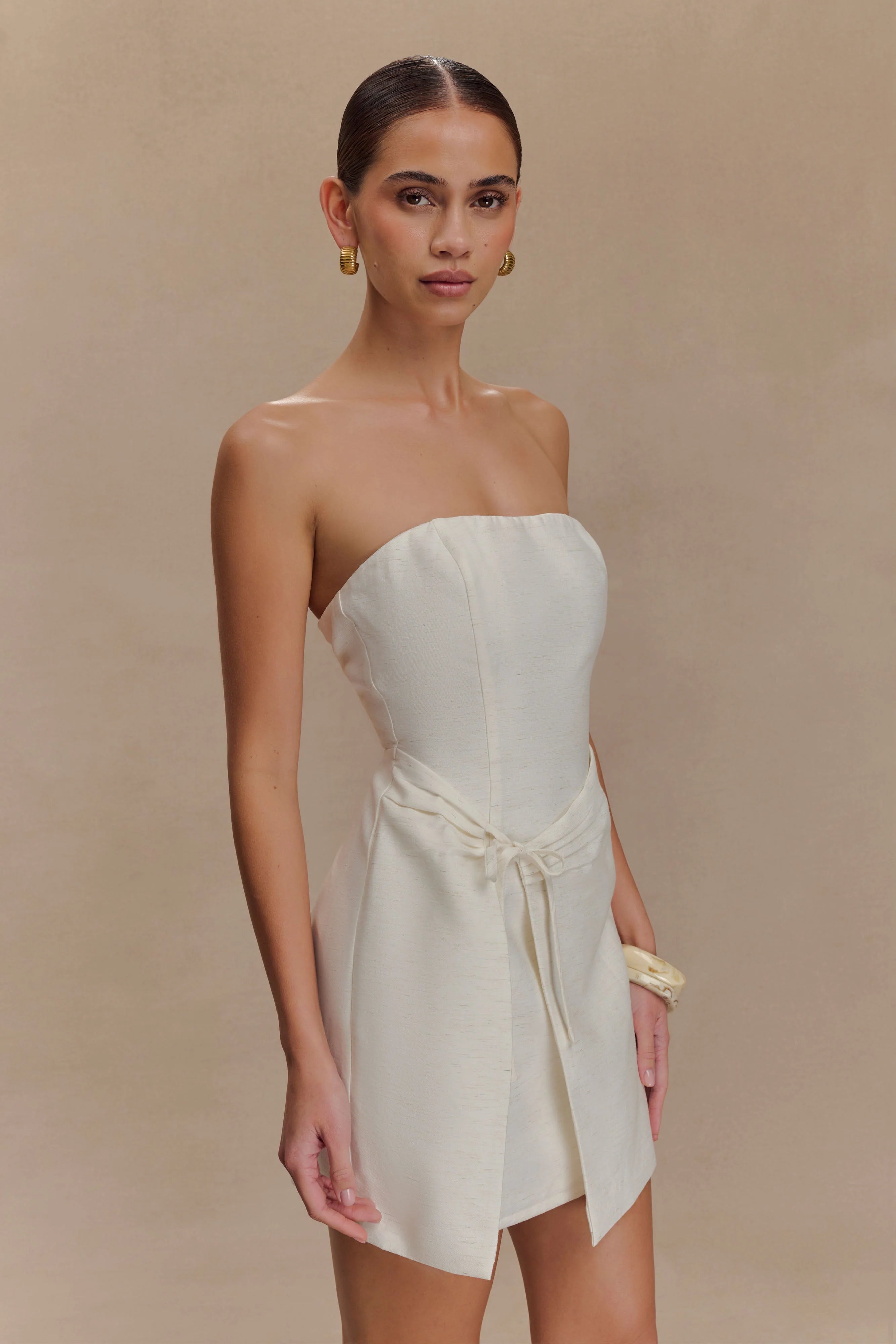 Steph Strapless Linen Mini Dress - White