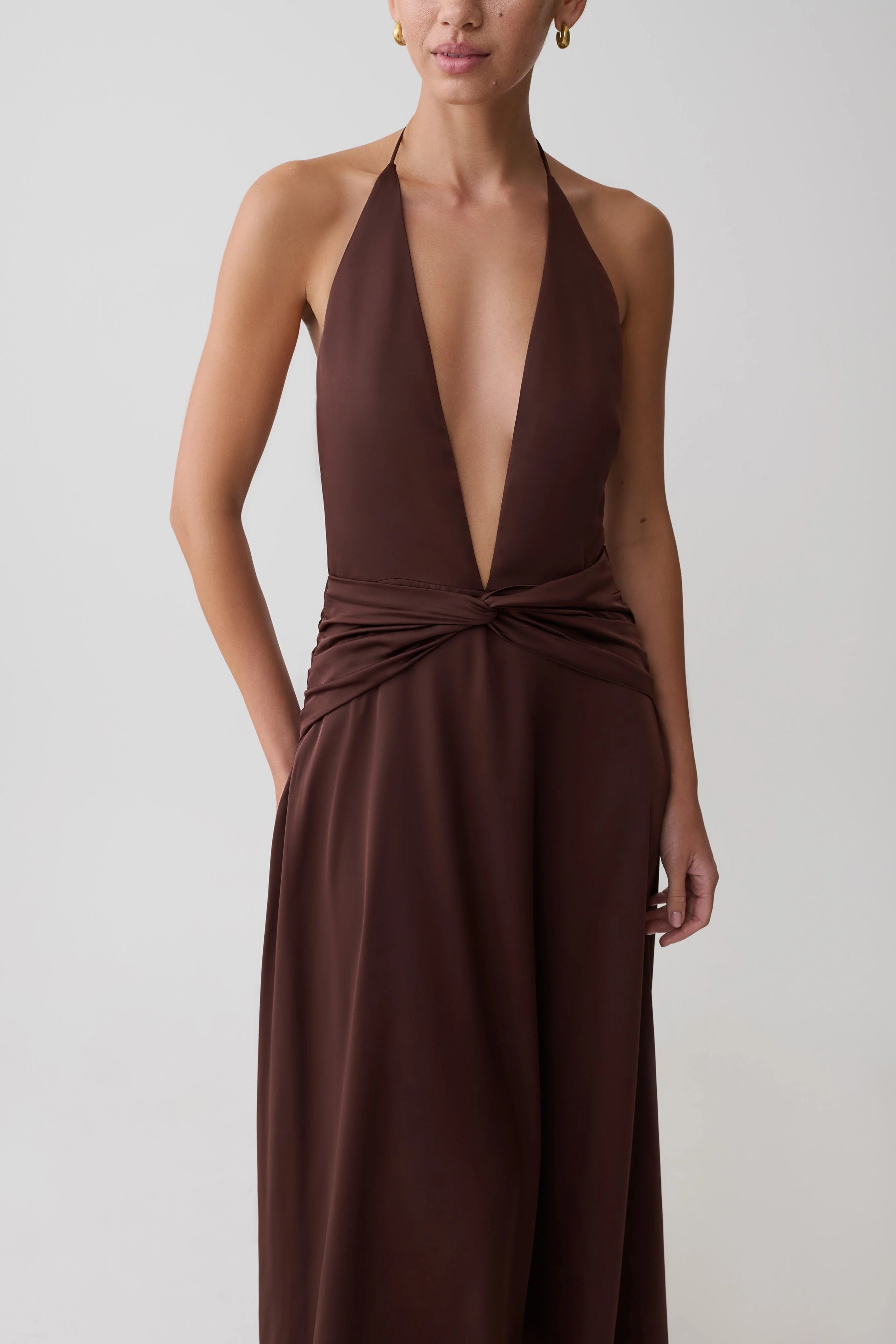 Cyra Plunge Satin Midi Dress - Dark Chocolate