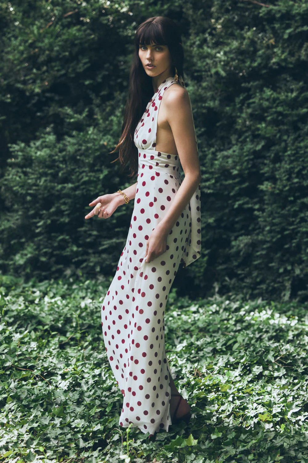 Nadine Halter Chiffon Maxi Dress - Ivory/Merlot Polka Dot