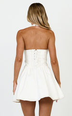 Halter Neck Corset Bodice Dress in Cream Contrast Stitch