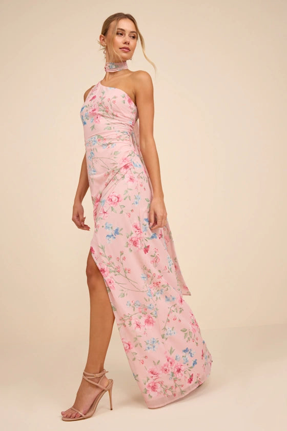Adeline Light Pink Floral One-Shoulder Scarf Maxi Dress