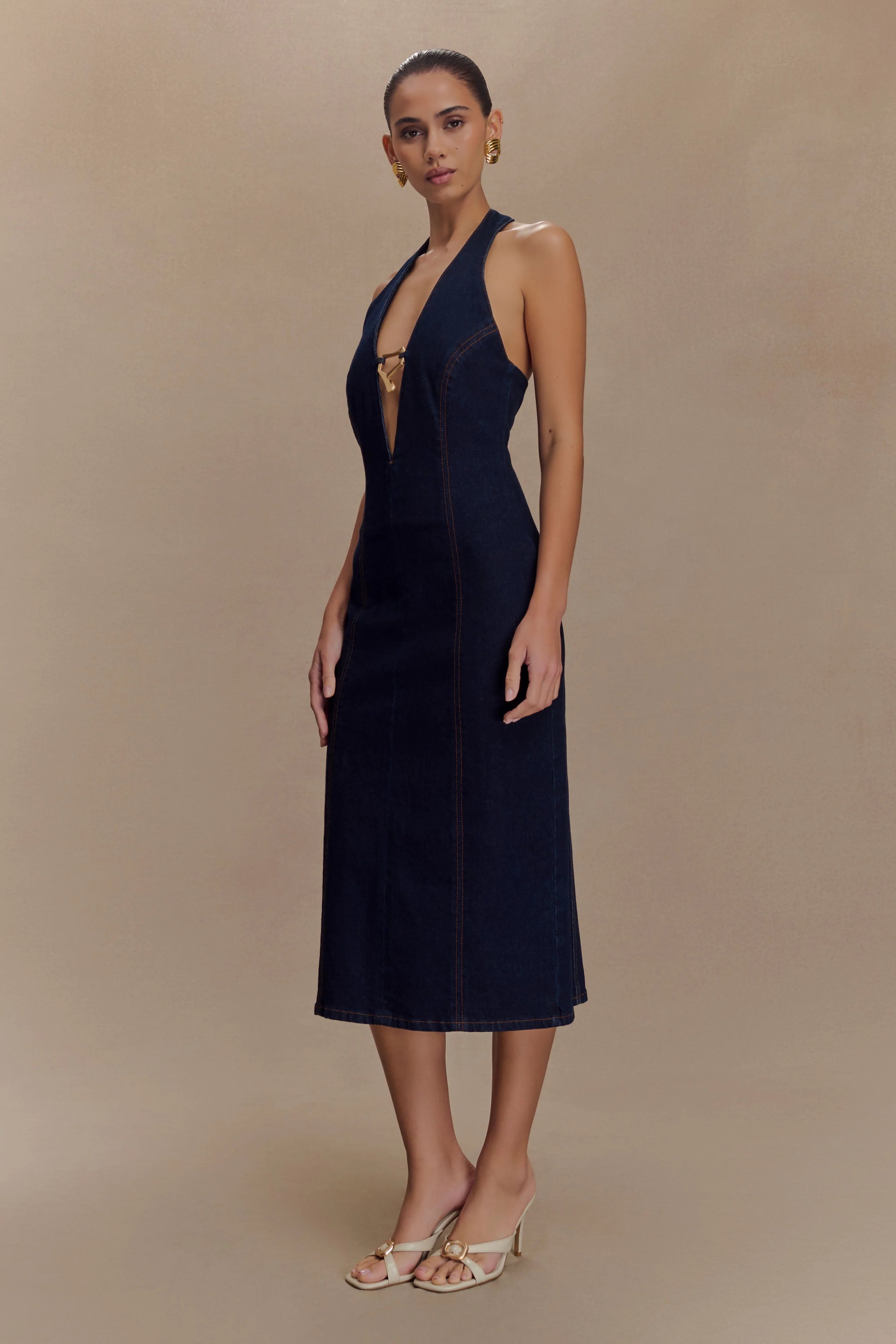 Shauna Denim Halter Midi Dress - Indigo Blue