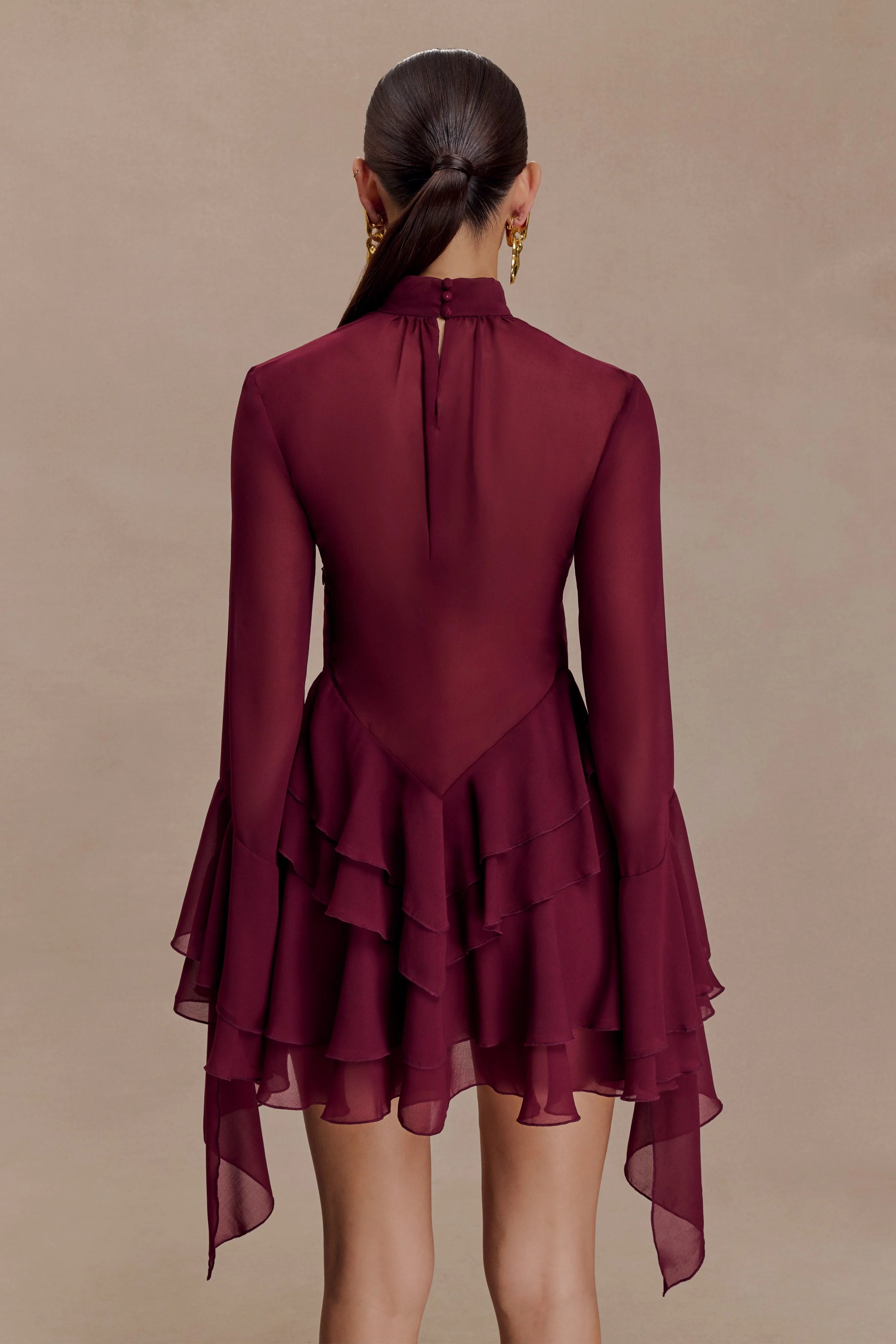 Nimah Chiffon Ruffle Mini Dress - Wine
