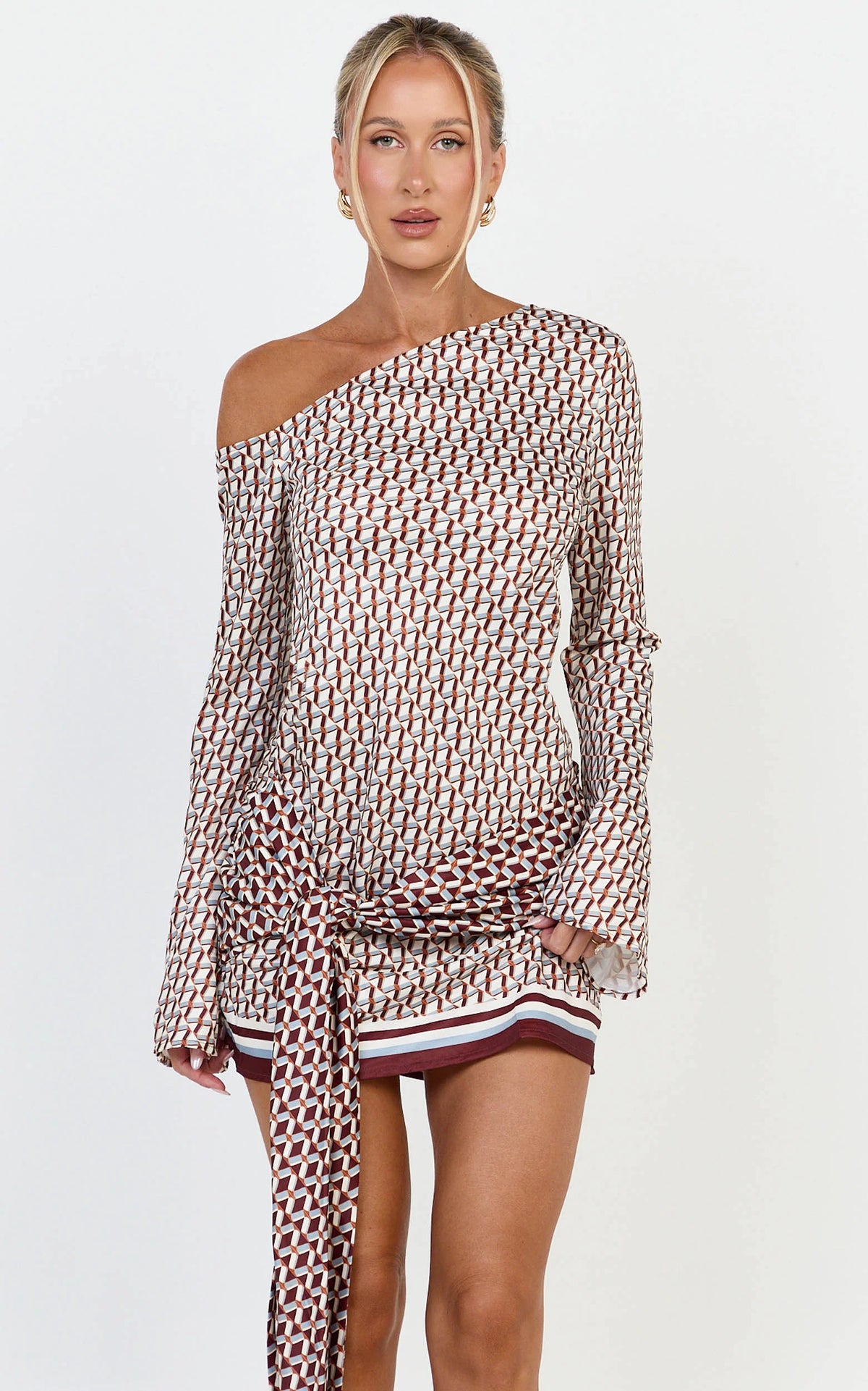 Geo Print Off Shoulder Tie Front Dress in Geo Border Print